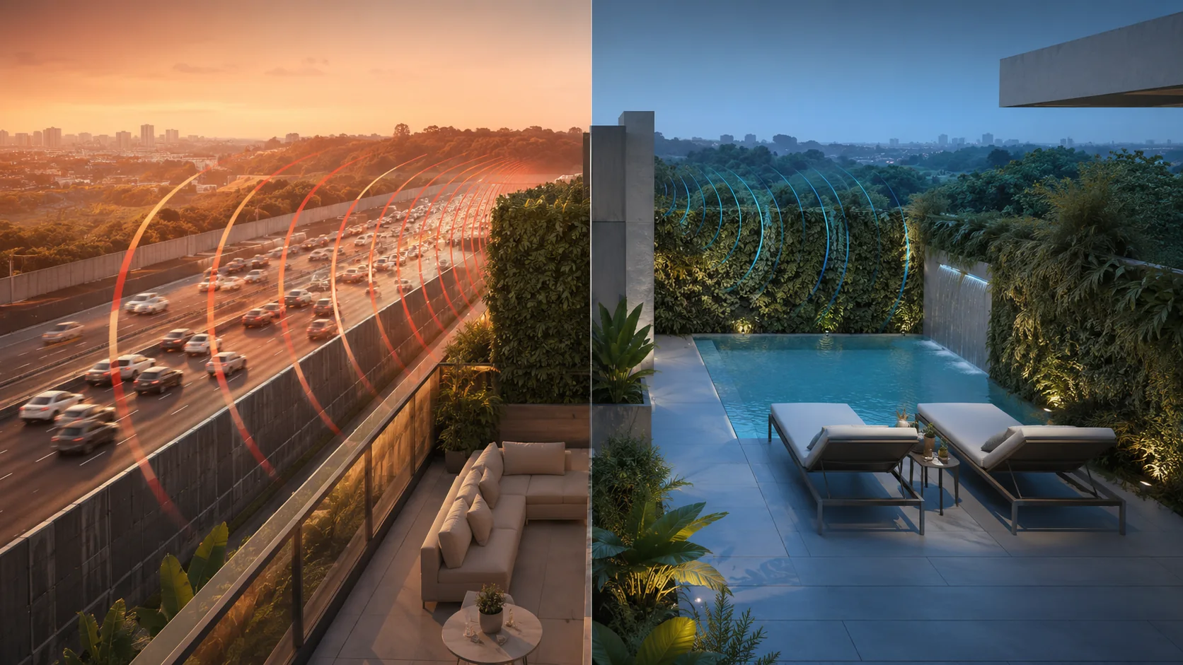 Split view of a noisy highway-facing terrace and a calm poolside terrace