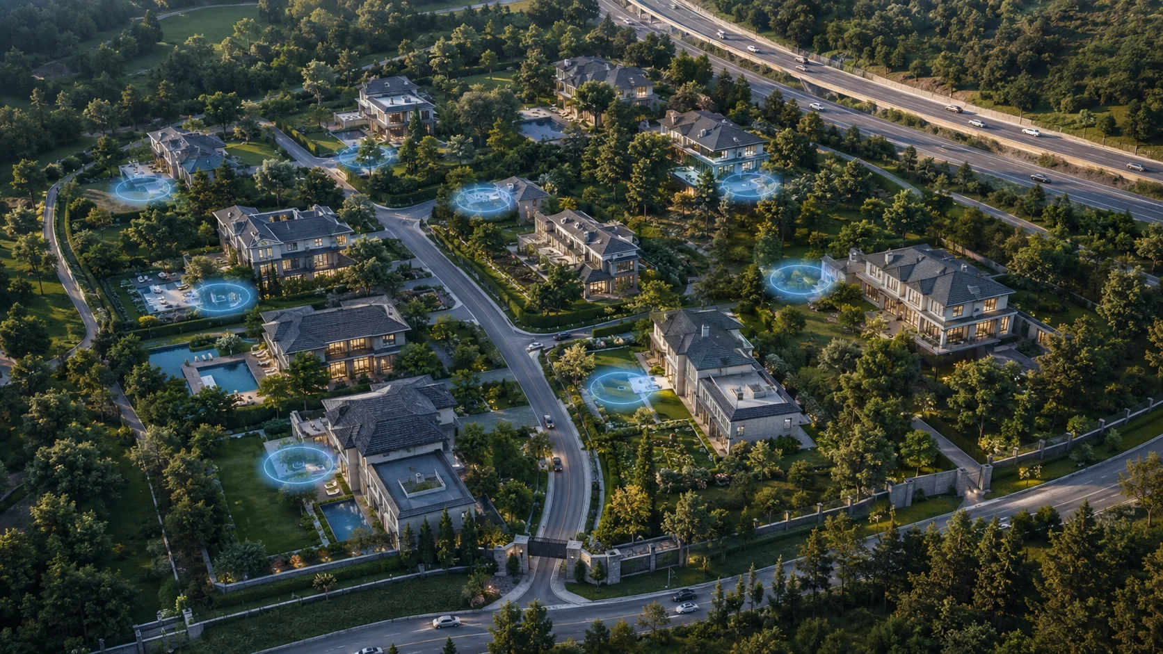 Aerial view of a premium residential community with quiet zones highlighted at multiple villas