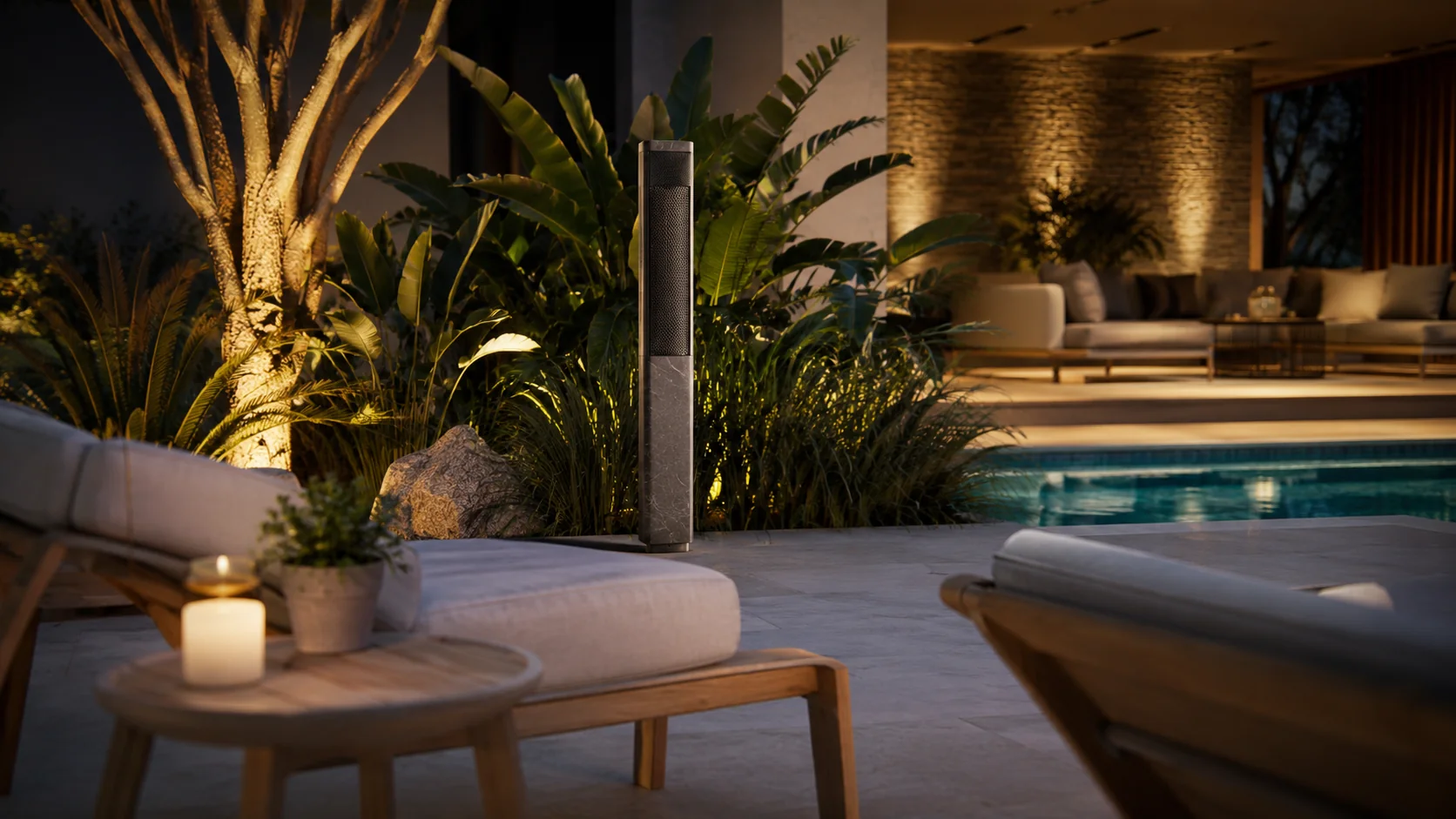 QuietScape One sculptural device integrated beside a luxury pool terrace