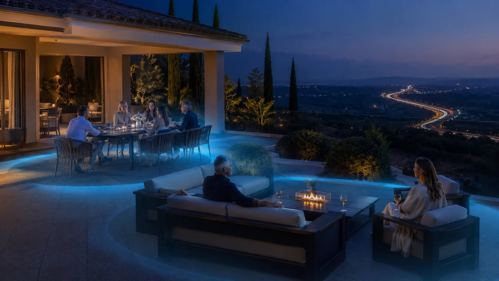 Residents dining and relaxing in protected outdoor quiet zones overlooking a highway