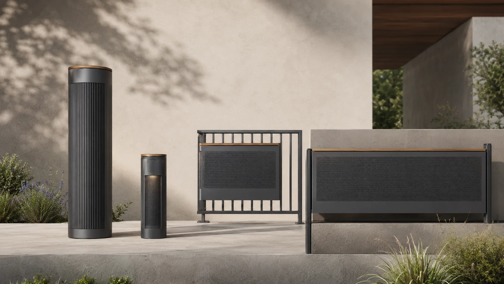 QuietScape product family with sculptural columns, fence modules and planter-style arrays