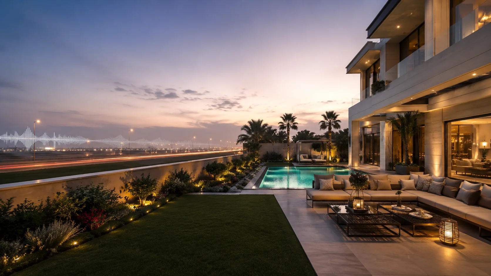 Modern villa and outdoor pool beside a distant highway at dusk